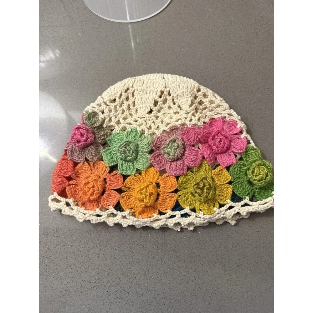 Multicolor 3D Crochet Flower Bucket Hat Beanie Boho Cloche Cottagecore Handmade